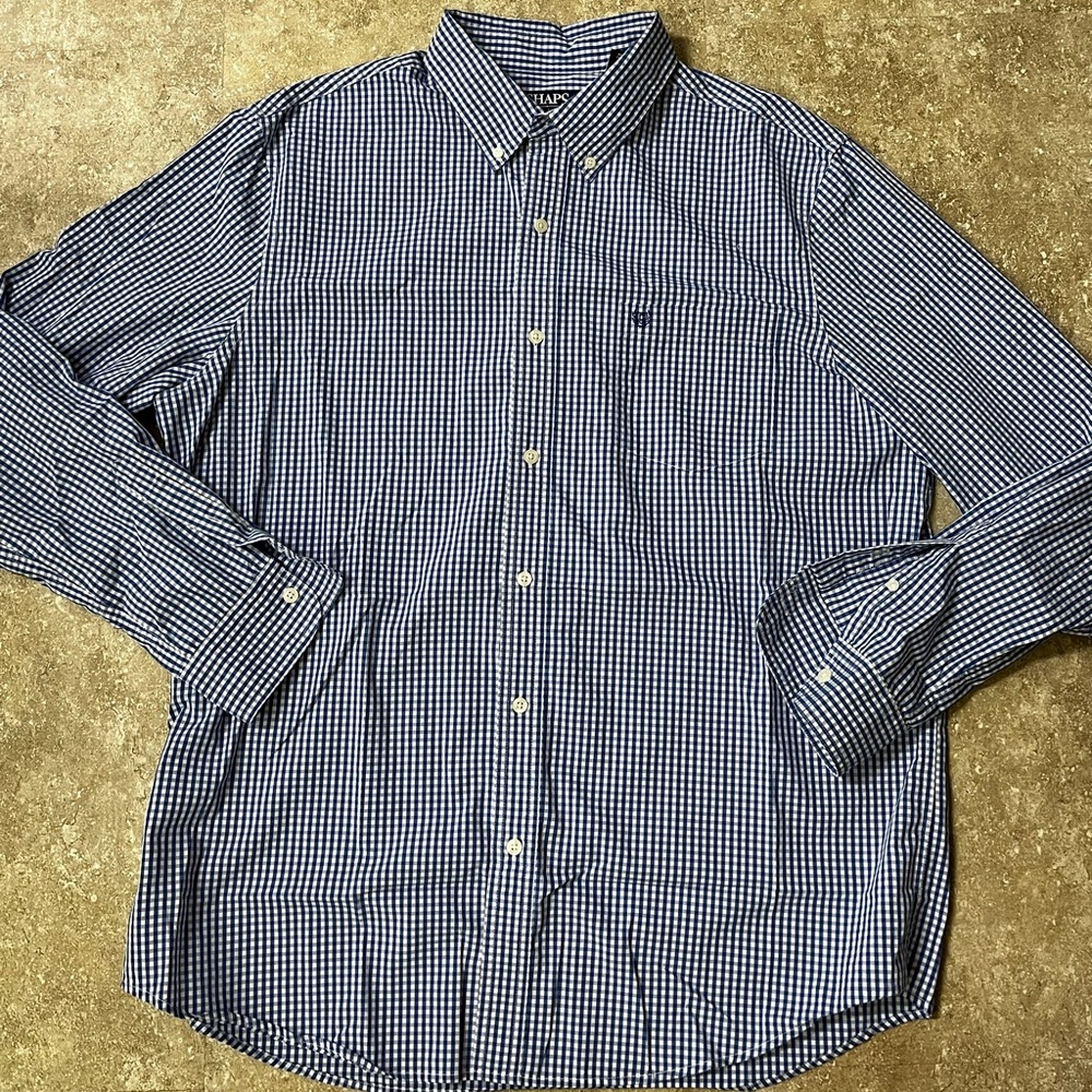 Chaps Stretch Navy and White Gingham Button Down Shirt
